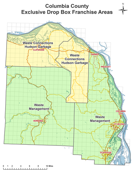 Map with yellow areas for Waste Connections collection area and green for Waste Management collection area